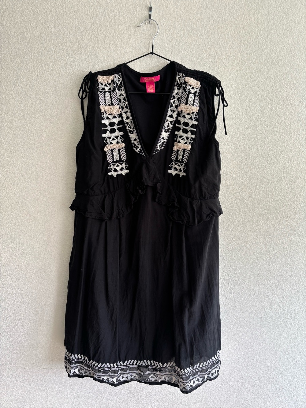 Catherines Black Midi Dress with Cream Embroidered Accents
